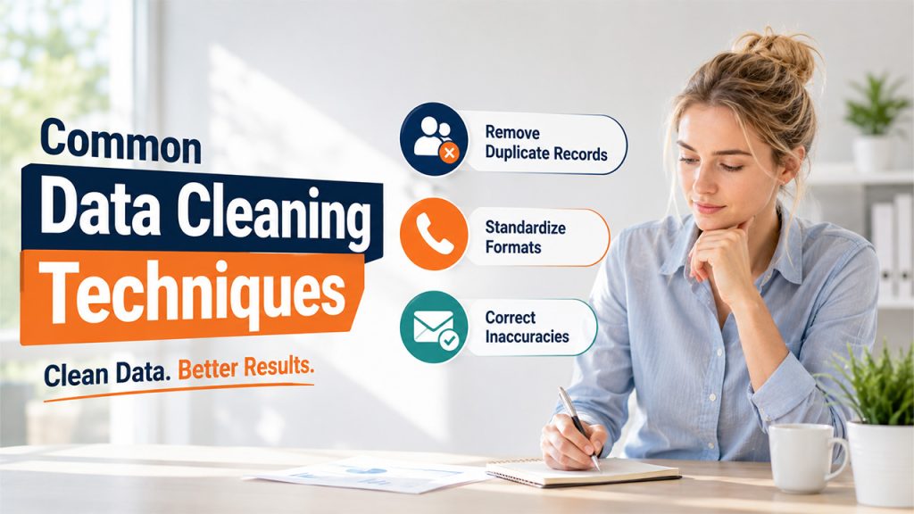 Common Data Cleaning techniques including duplicate removal, data standardization, and error correction