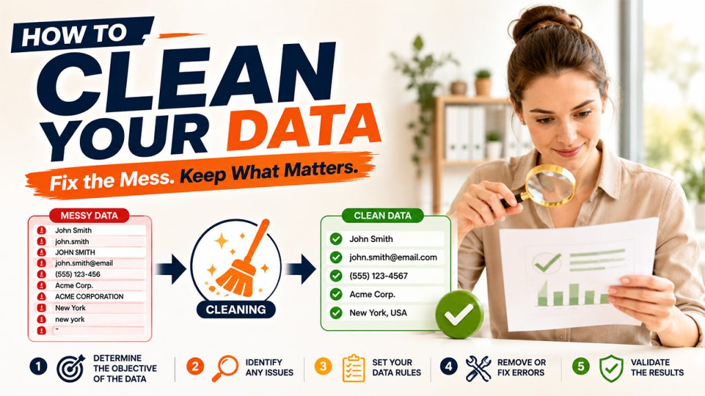 Step-by-step Data Cleaning process for identifying errors, setting rules, correcting records, and validating data