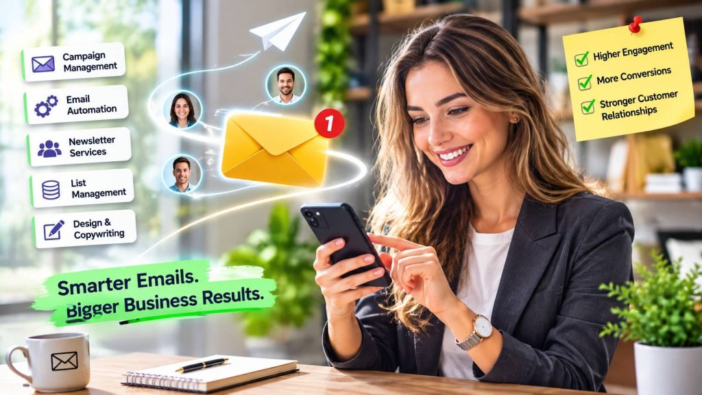 Types of Email Marketing Services including campaign management, email automation, newsletter services, and list management